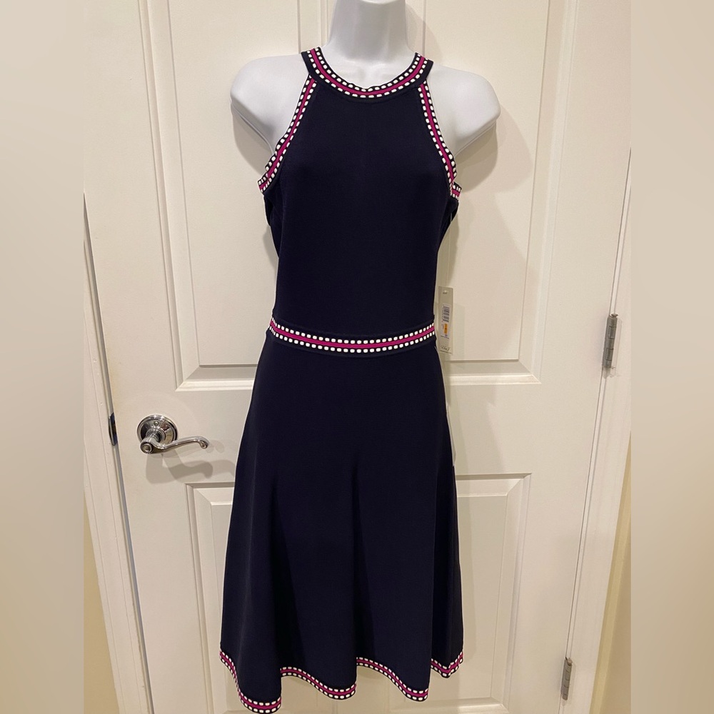 Eliza J Navy Knit Dress with Pink and White Trim